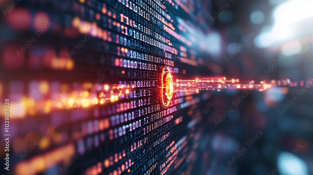Aufkleber glowing data stream flows through digital landscape filled with binary code, creating sense of dynamic movement and technological advancement