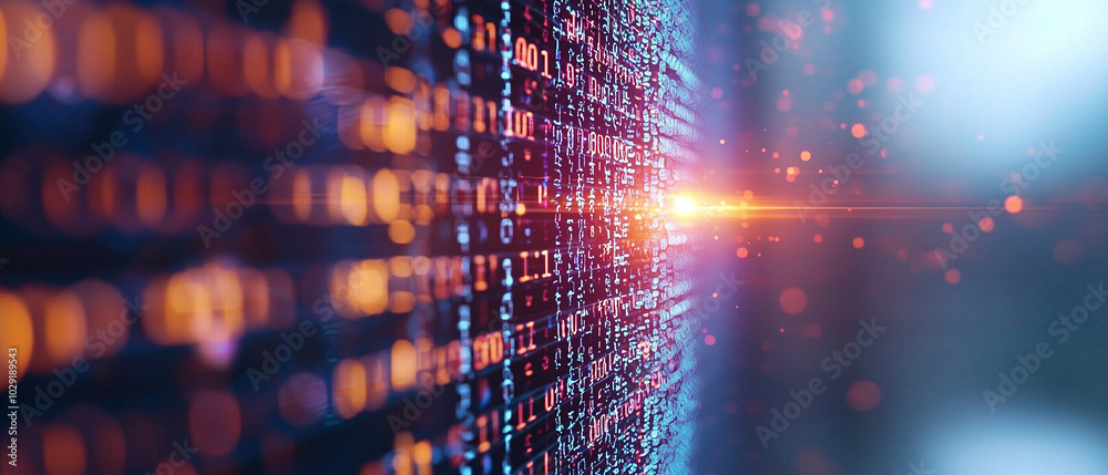 Aufkleber vibrant digital landscape showcasing glowing data streams and binary code, creating sense of technological advancement and innovation. interplay of light and color evokes futuristic atmosphere