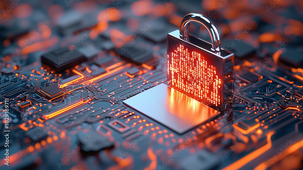 Aufkleber glowing padlock symbolizing data security is placed on circuit board, representing advanced technology and protection. vibrant colors evoke sense of innovation and safety