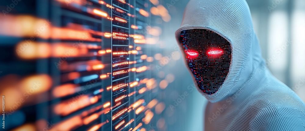 Aufkleber digital mask over persons face symbolizes anonymity and technology. glowing red eyes and futuristic 