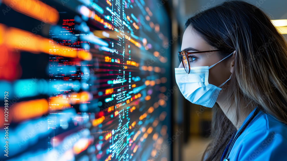 Poster healthcare professional wearing mask observes digital data on screen, symbolizing intersection of te