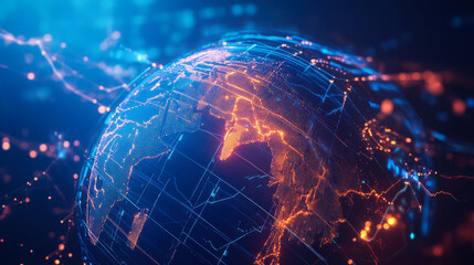 Glowing digital globe with vibrant blue and orange connections amidst a dark background showcasing global networking and technology advancement