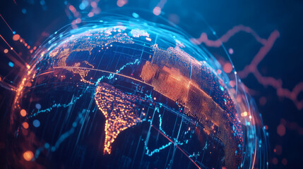 Glowing digital globe with vibrant blue and orange connections amidst a dark background showcasing global networking and technology advancement