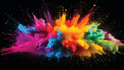 colorful pigment powder, explosion of colored powder exploding isolated on black background