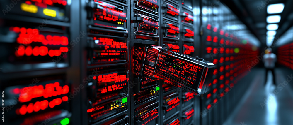 Aufkleber digital safe bursting with encrypted files, surrounded by rows of servers glowing with red lights, creates sense of urgency and security in high tech environment