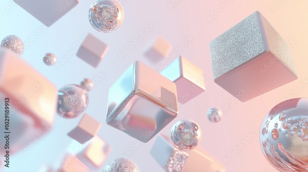 Poster floating metallic cubes and bubbles in a soft pastel gradient background during a digital art creati