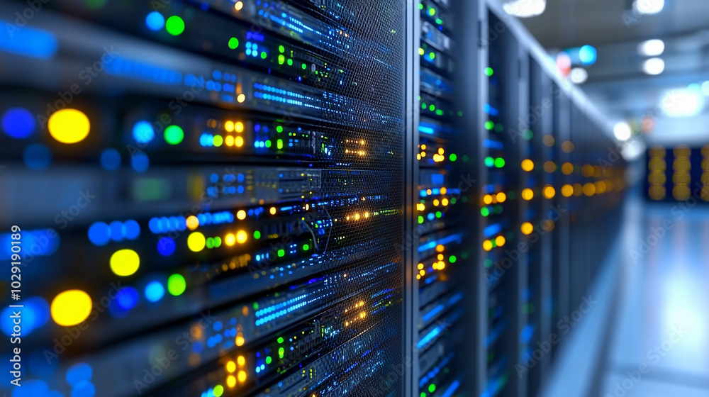 Poster close up view of modern data center filled with illuminated server racks, showcasing vibrant blue an