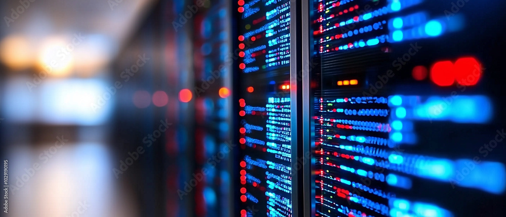 Poster vibrant data center filled with illuminated server racks showcasing glowing blue and red lights, representing advanced technology and data processing
