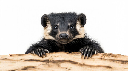 Honey badger standing on white background .