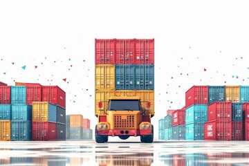 Fototapeta premium Colorful Shipping Containers with Freight Truck