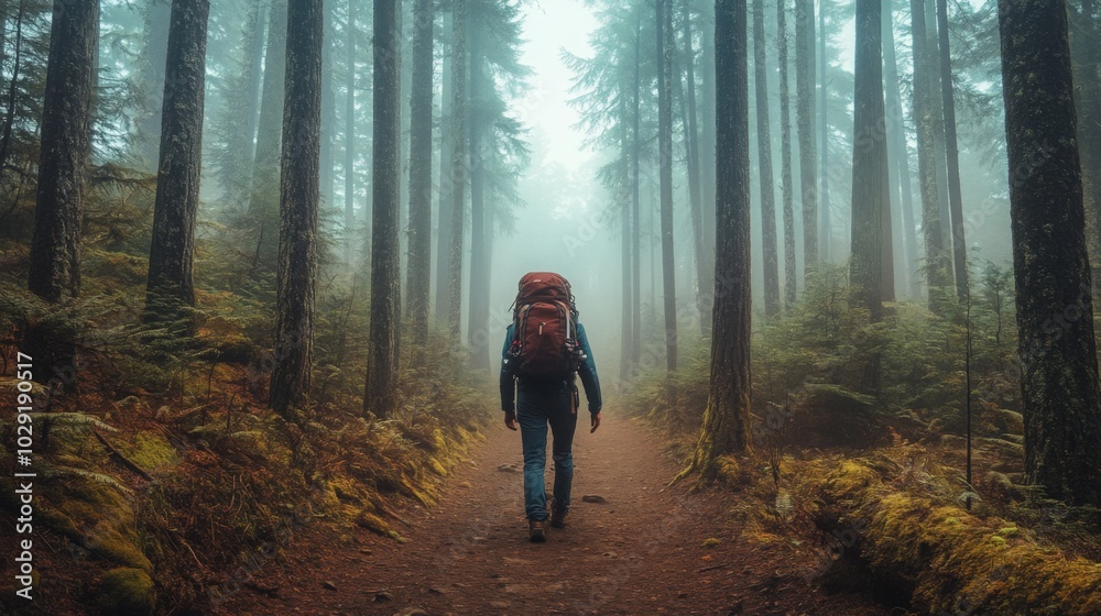 Poster a person walks along a forest trail surrounded by tall trees and dense fog, carrying a backpack. the