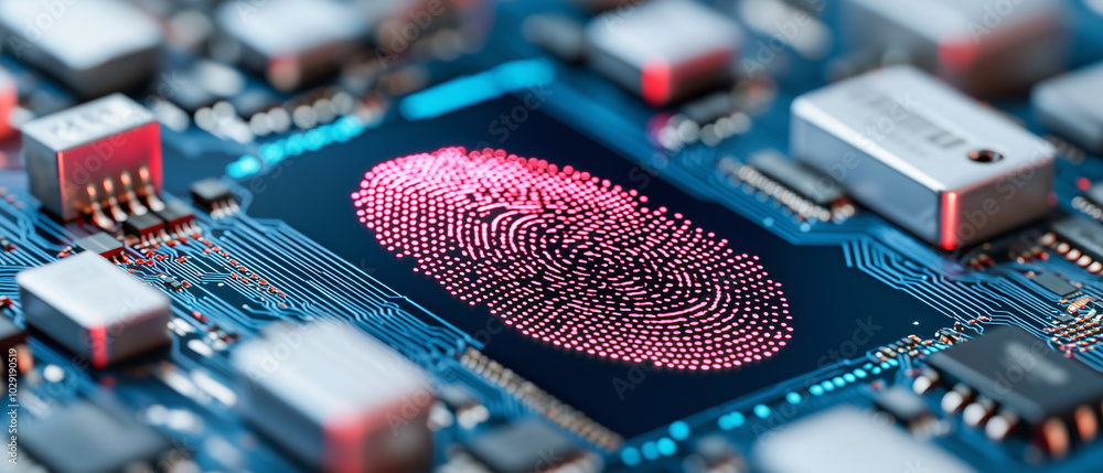 Poster giant fingerprint is hovering above computer screen, symbolizing digital security and identity verification. This captures intersection of technology and personal data protection