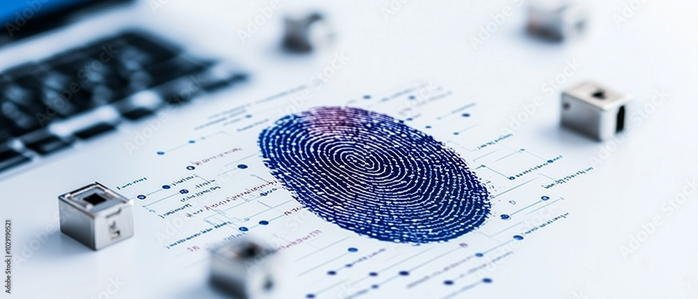 Poster giant fingerprint is prominently displayed on computer screen, surrounded by metallic cubes, symbolizing security and technology. This evokes sense of innovation and digital identity