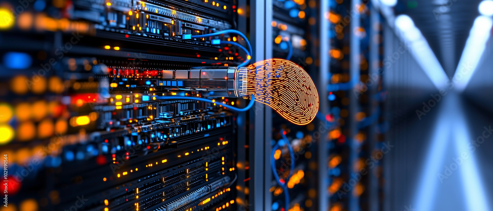 Poster giant fingerprint hovers above computer screen, symbolizing digital security and identity verification in data center filled with illuminated servers