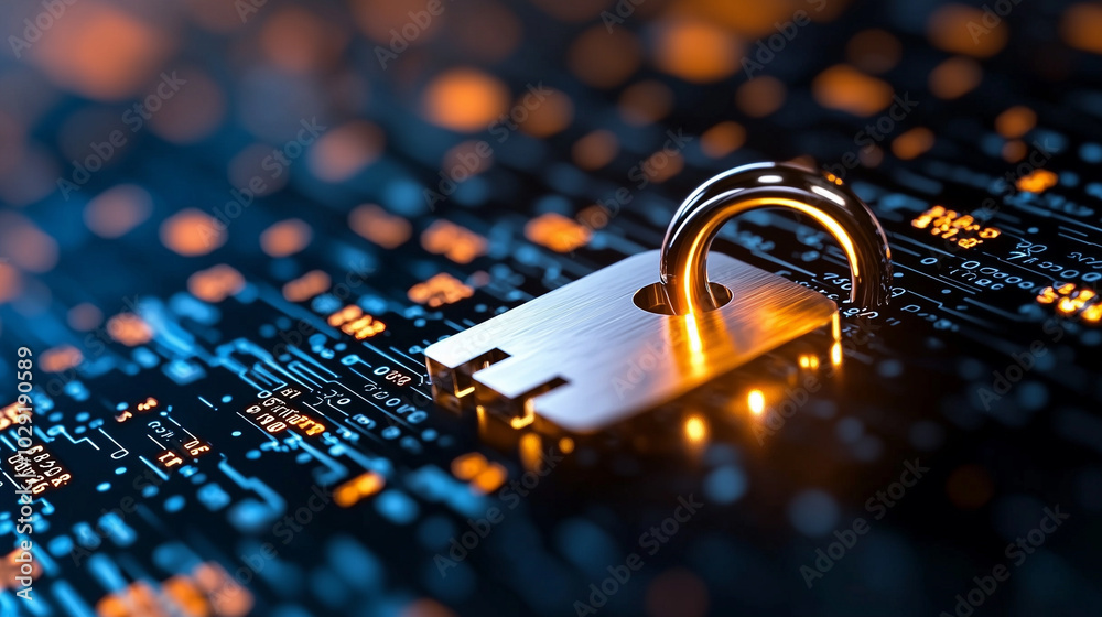 Aufkleber golden padlock rests on digital matrix, symbolizing security and protection in digital age. vibrant 
