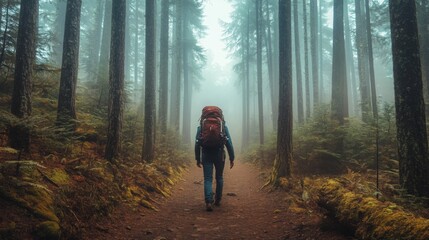 Fototapeta premium A person walks along a forest trail surrounded by tall trees and dense fog, carrying a backpack. The quiet tranquility of nature envelops the hiker as morning light filters through the mist.