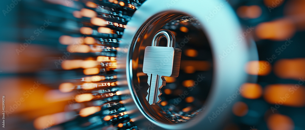 Poster giant keyhole reveals digital world filled with glowing data streams, symbolizing security and access. padlock represents protection in vast matrix of information