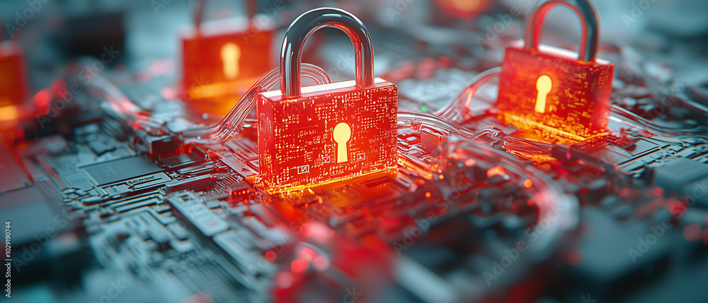 Aufkleber digital padlocks illuminate circuit board, symbolizing cybersecurity and data protection. glowing lo