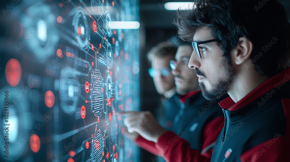 Poster Innovative hackers analyzing complex data on futuristic interface, showcasing teamwork and technology. Their focused expressions highlight intensity of their work in cybersecurity