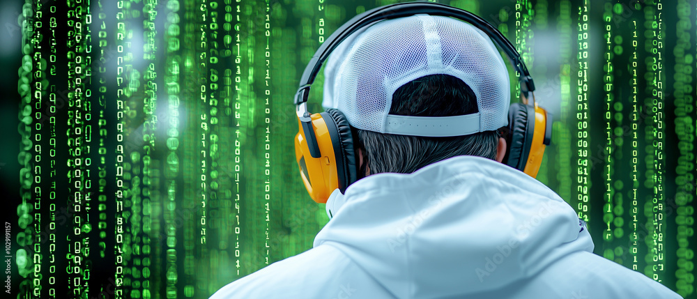 Aufkleber person wearing headphones is immersed in digital world, surrounded by streams of green binary code. 