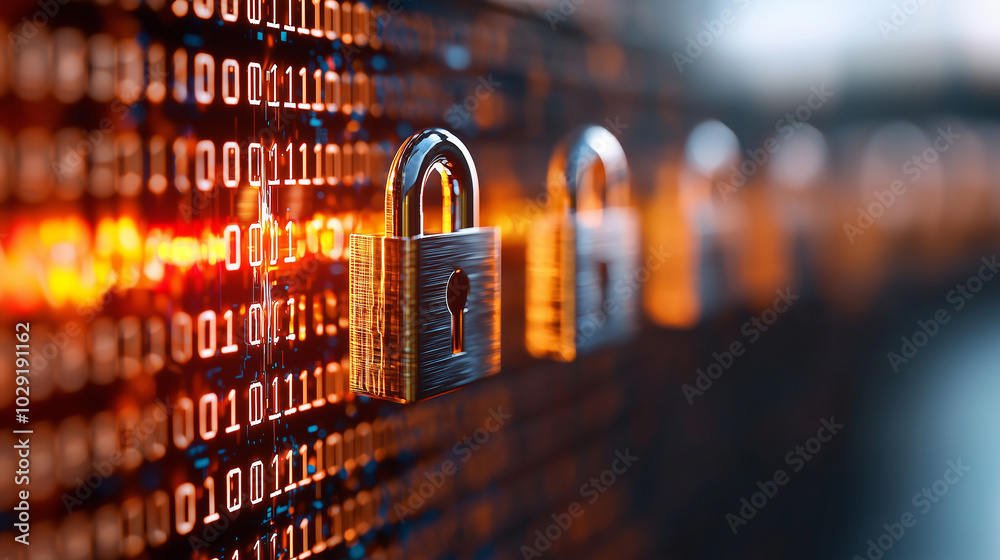 Poster Digital locks and binary code create secure atmosphere, symbolizing cybersecurity and data protection. glowing elements enhance sense of technology and security