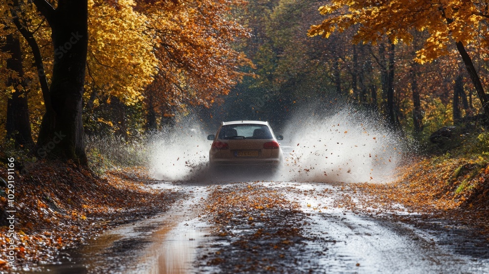 Poster a car navigates down a rustic road flanked by vibrant autumn foliage, splashing through puddles whil