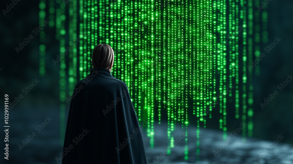 Poster mysterious figure stands in dark room, cloaked and facing wall of green encrypted data. atmosphere i