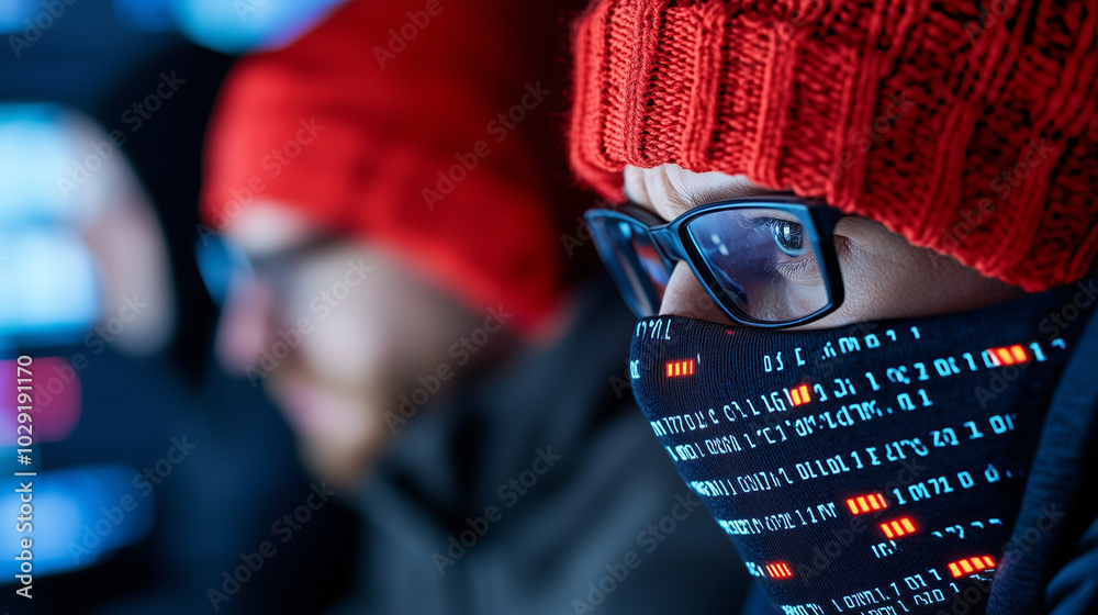 Poster group of hackers focused on breaking through glowing interface, wearing red beanies and masks with digital patterns. Their intense expressions reflect determination and secrecy