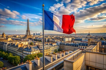 French flag flying over paris at sunset