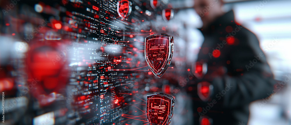 Aufkleber hacker interacts with digital interface filled with red access denied shields, symbolizing cybersecurity challenges and data protection. atmosphere conveys urgency and tension