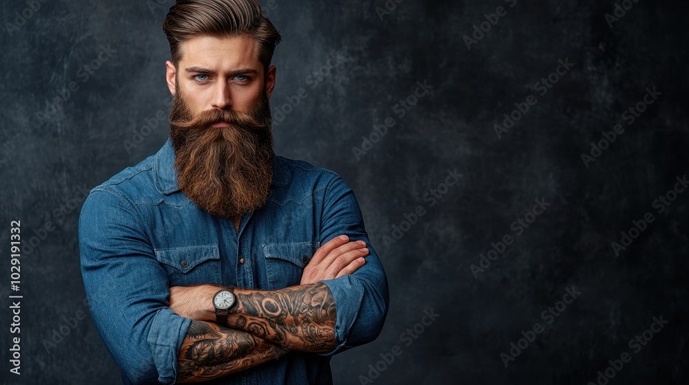 Wall mural a man with a beard and moustache, in a blue denim shirt and with tattoos on his arms stands with his