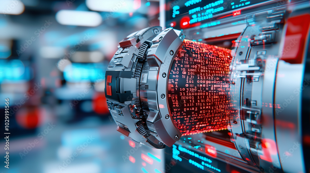 Poster futuristic digital vault with binary code spilling out, showcasing advanced technology and data security. vibrant colors and intricate design evoke sense of innovation and protection
