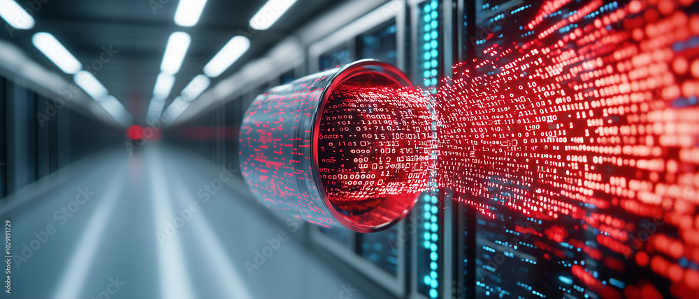Poster digital vault with binary code spilling out, symbolizing data security and technology. vibrant red code contrasts with sleek environment, evoking sense of innovation and protection