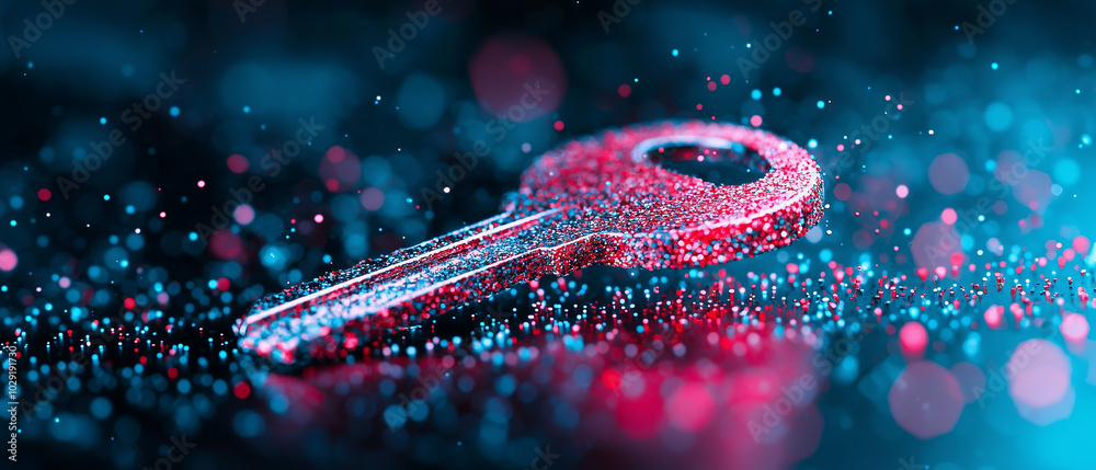 Aufkleber massive digital key floats above sea of colorful particles, creating mesmerizing visual effect. vibrant colors and sparkling details evoke sense of innovation and technology