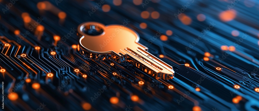 Aufkleber massive digital key rests on vibrant circuit board, symbolizing security and technology. glowing lines and circuits create futuristic atmosphere, emphasizing innovation and connectivity