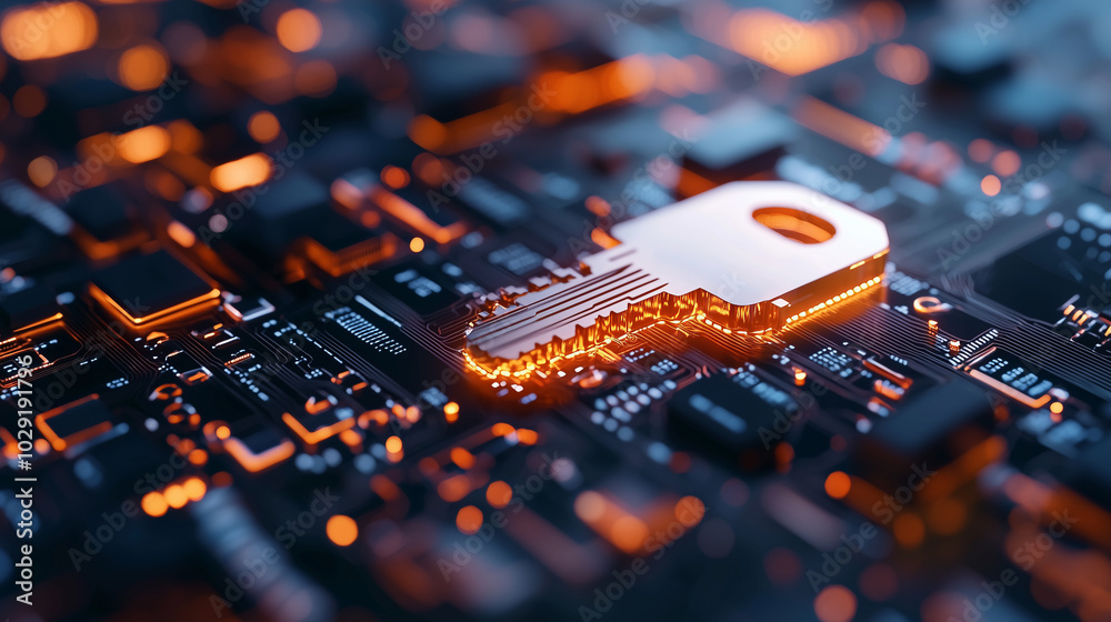 Poster massive digital key illuminated above circuit board, symbolizing security and technology. vibrant co