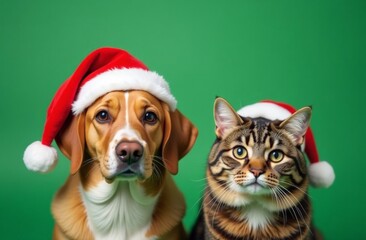 Cat and dog in Santa Claus hats on a green background, New Year, 2025, 2026, Christmas