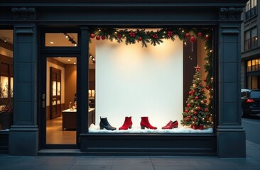 Stylish Christmas tree in a store window decorated for Christmas. White poster with space for copy