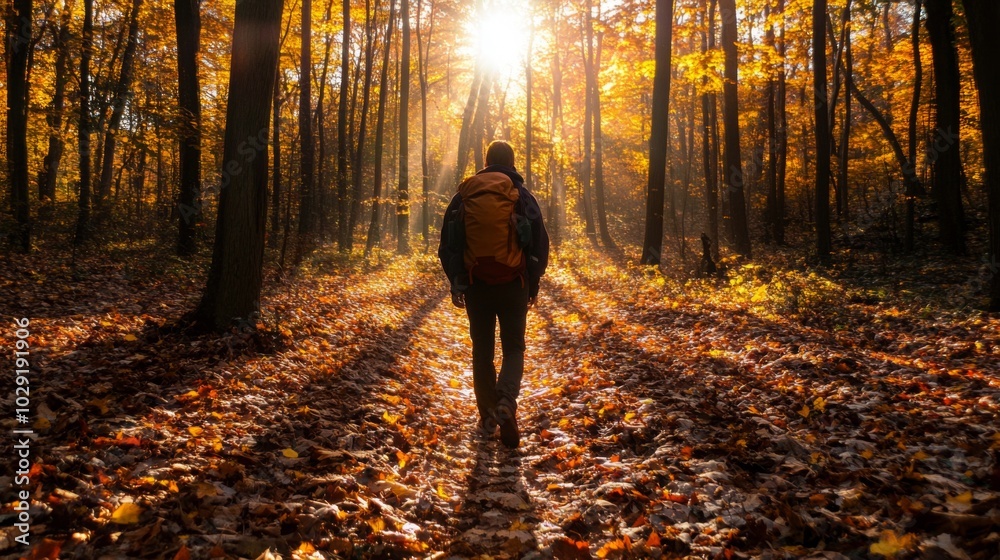 Poster a solitary hiker strolls along a path in a serene forest, surrounded by vibrant autumn foliage. sunl