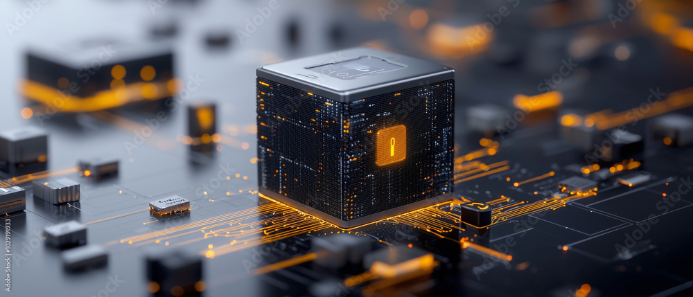 Poster glowing safe symbolizes digital security, surrounded by circuit patterns and microchips, representing advanced technology and data protection
