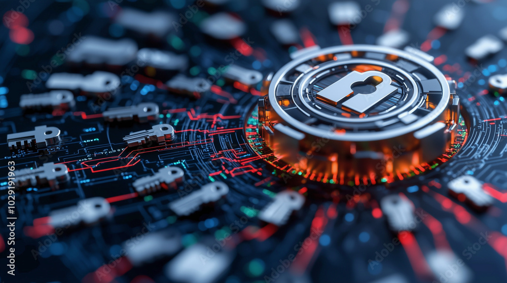 Poster digital representation of secure password manager, featuring glowing safe surrounded by numerous keys and circuit patterns, symbolizes cybersecurity and data protection