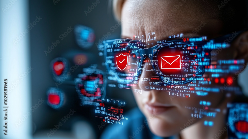 Poster person wearing glasses with digital interfaces reflecting on them, surrounded by glowing icons and data streams, conveys sense of immersion in technology and communication