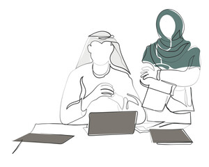 Hand drawn line art vector of an Arab man sitting in his office. Middle eastern ceo concept. Emirati businesspeople.