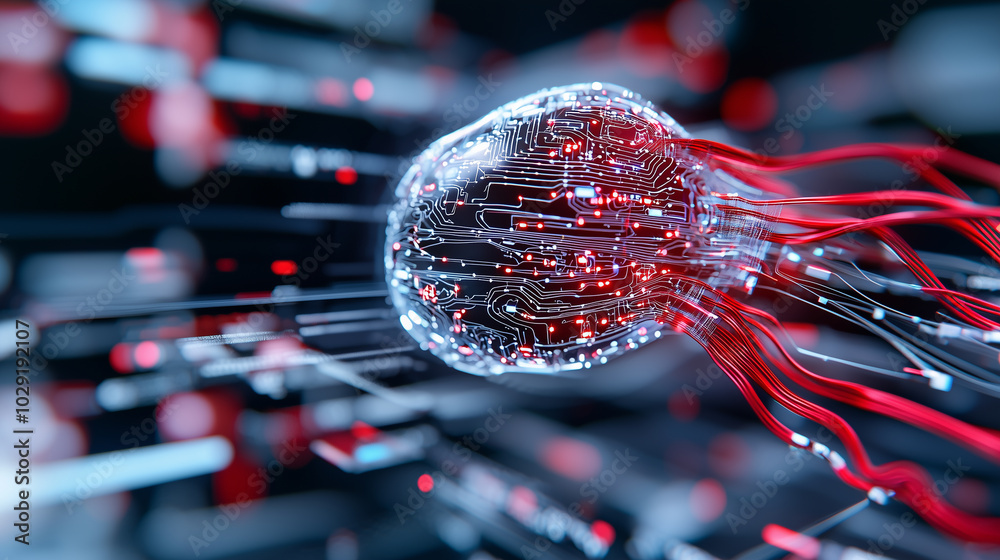 Poster futuristic digital jellyfish with glowing circuits and flowing red tendrils represents fusion of tec