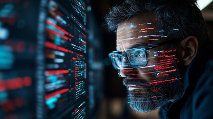 focused man with glasses analyzing digital data on screens, surrounded by glowing code and information. His expression shows concentration and curiosity