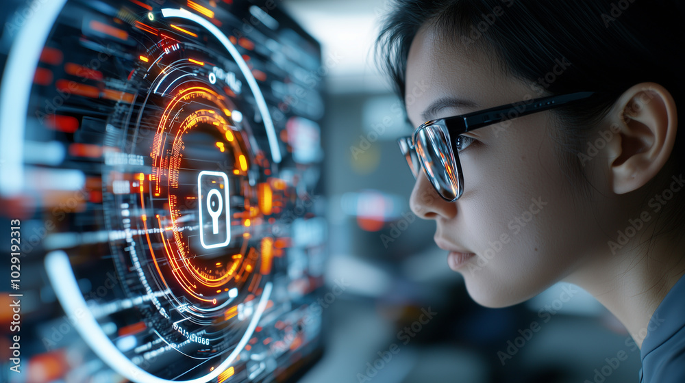 Poster focused woman wearing glasses interacts with futuristic digital interface, showcasing glowing data a