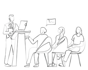 Hand drawn line art vector of a man pitching his business deal in a team meeting with investors.