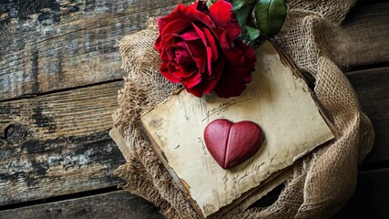 A red rose rests on a stack of vintage letters with a heart-shaped object, suggesting a love letter