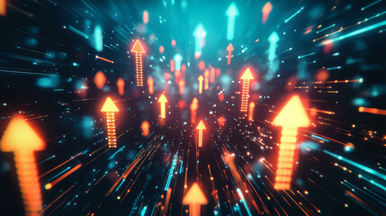 Obraz premium Dynamic orange arrows rise against a dark background, symbolizing growth and progress in a visually striking manner