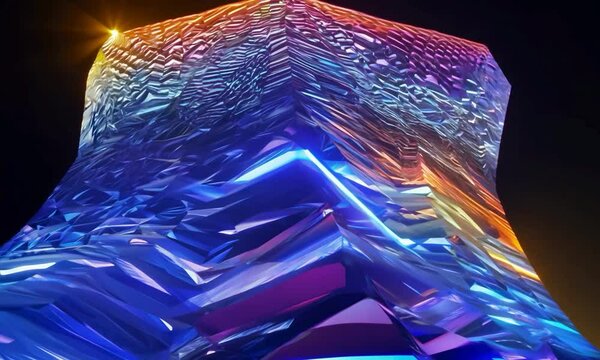 The camera starts with a close-up of a shape with changing lights. As the camera dolly moves forward, the lights shift and evolve, enhancing the visual complexity of the shape
